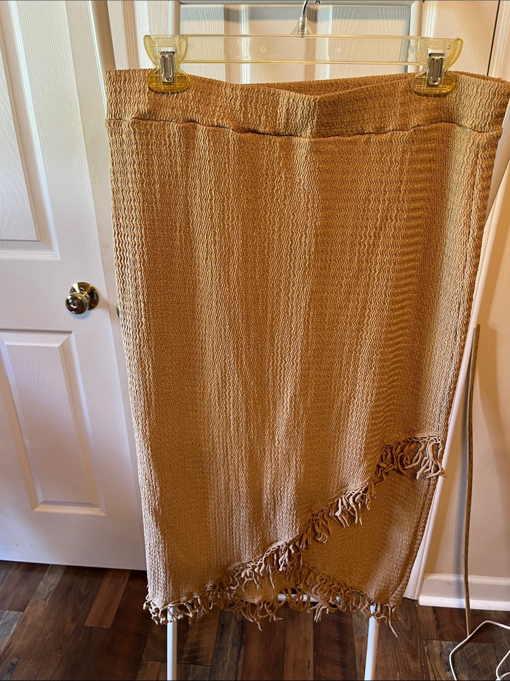 Fringed Knit Midi Skirt in Camel